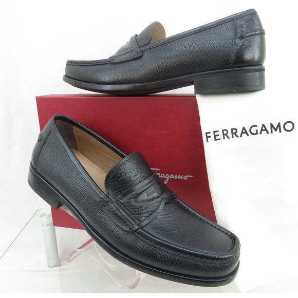 NIB FERRAGAMO LANZAROTE BLACK SAFFIANO PEBBLE LEATHER LOGO PENNY LOAFERS 8.5 EE main image 15